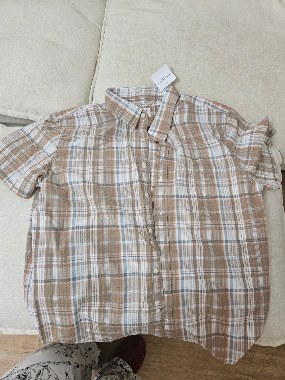 Men's Plaid Short-Sleeve Button-Down Shirt in Beige and White